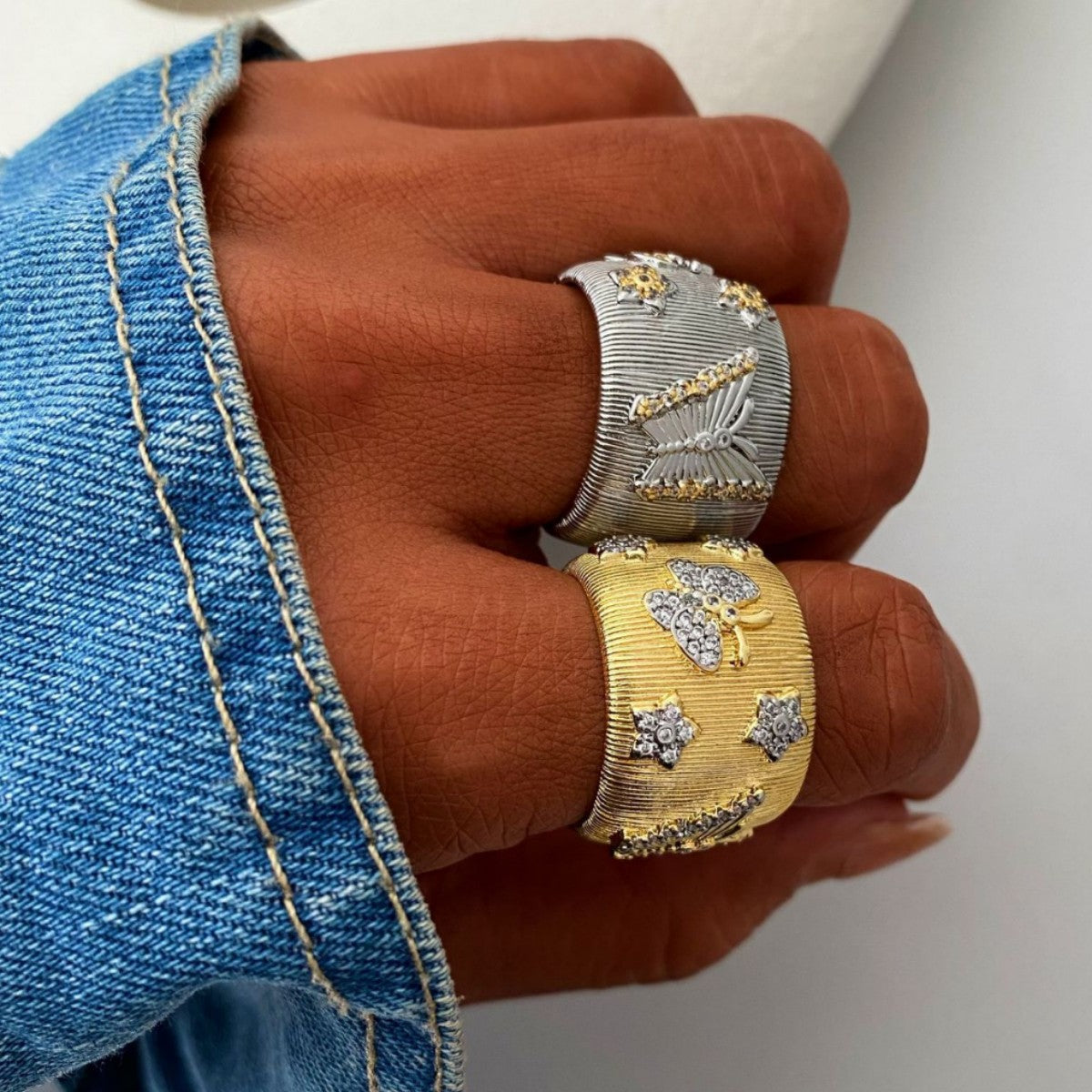 Vintage Italian Hand Brush Cubic Zirco Open Adjustable Bangle Rings, Real Gold Plated Stackable Finger Ring Jewelry Gifts