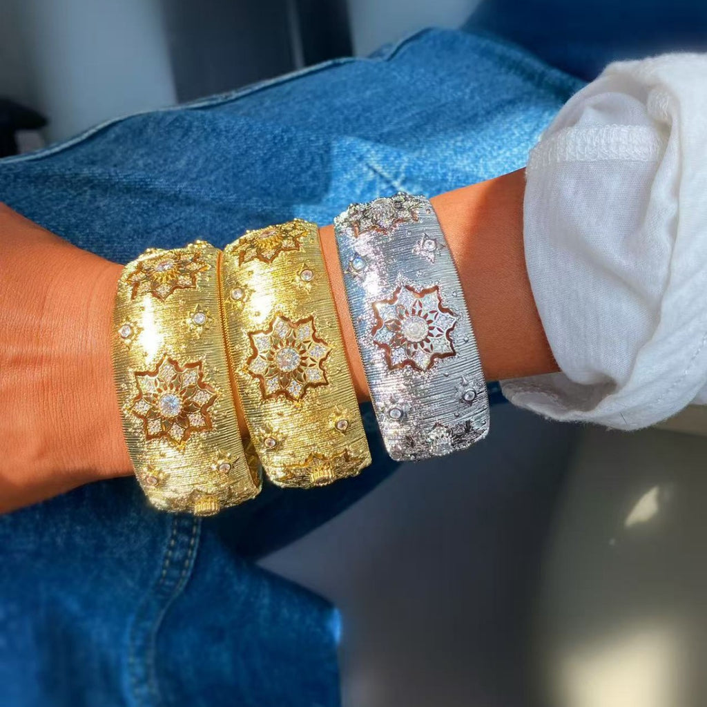 Vintage Italian Hand Brush Cubic Zirco Open Adjustable Bangle Rings, Real Gold Plated Stackable Finger Ring Jewelry Gifts