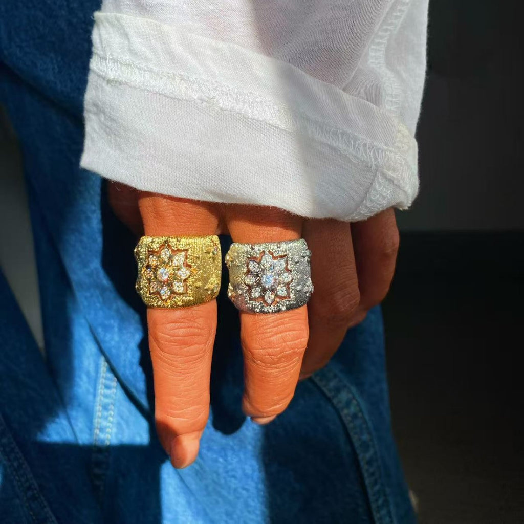Vintage Italian Hand Brush Cubic Zirco Open Adjustable Bangle Rings, Real Gold Plated Stackable Finger Ring Jewelry Gifts
