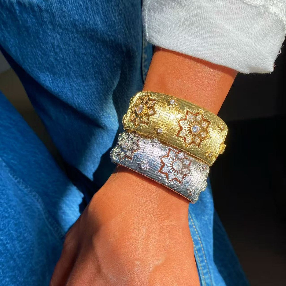 Vintage Italian Hand Brush Cubic Zirco Open Adjustable Bangle Rings, Real Gold Plated Stackable Finger Ring Jewelry Gifts