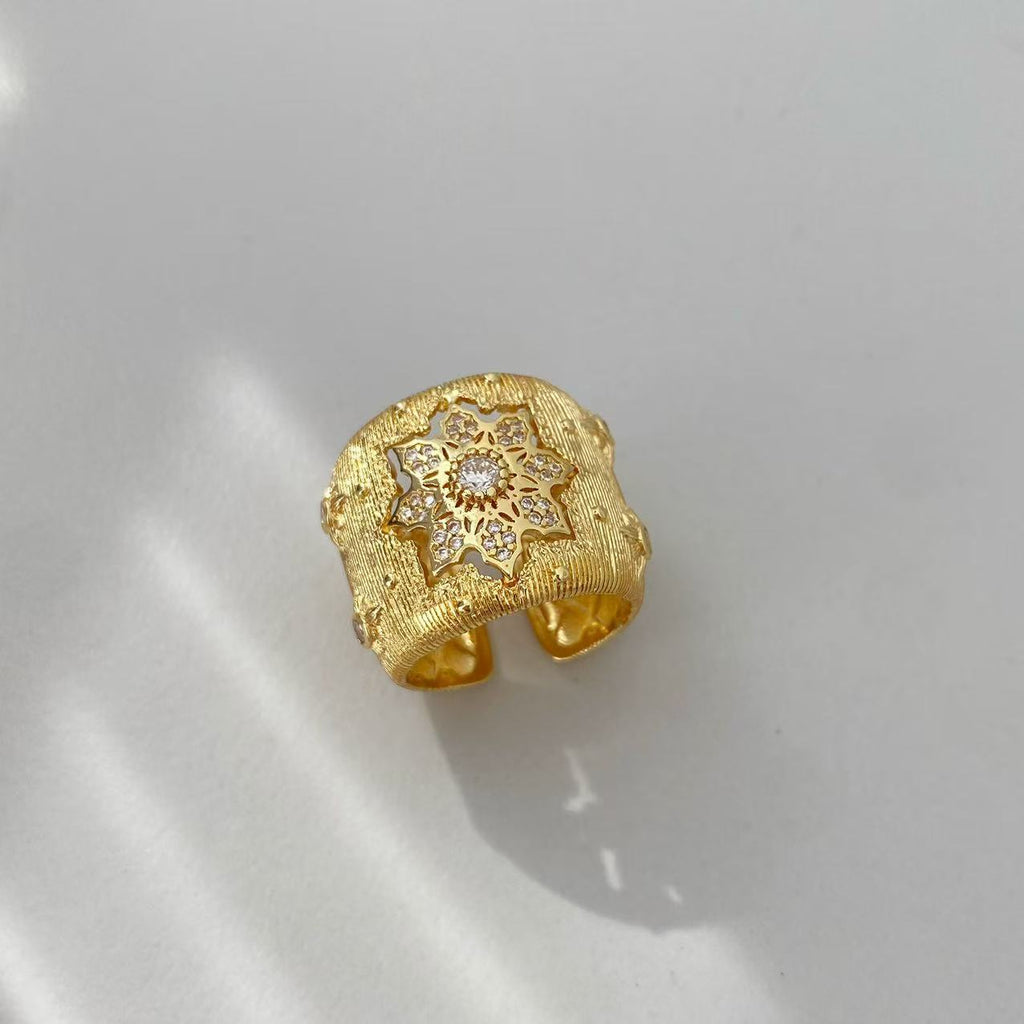 Vintage Italian Hand Brush Cubic Zirco Open Adjustable Bangle Rings, Real Gold Plated Stackable Finger Ring Jewelry Gifts