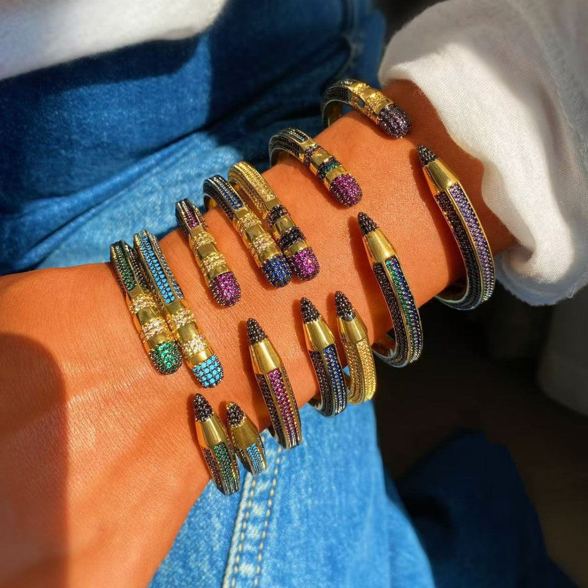 Colorful Zircon Pencil Eraser Opening Size Bangle Rings, Adjustable Size Bangle Creative Spliced Pencil Rings, Jewelry DIY Gifts for Women
