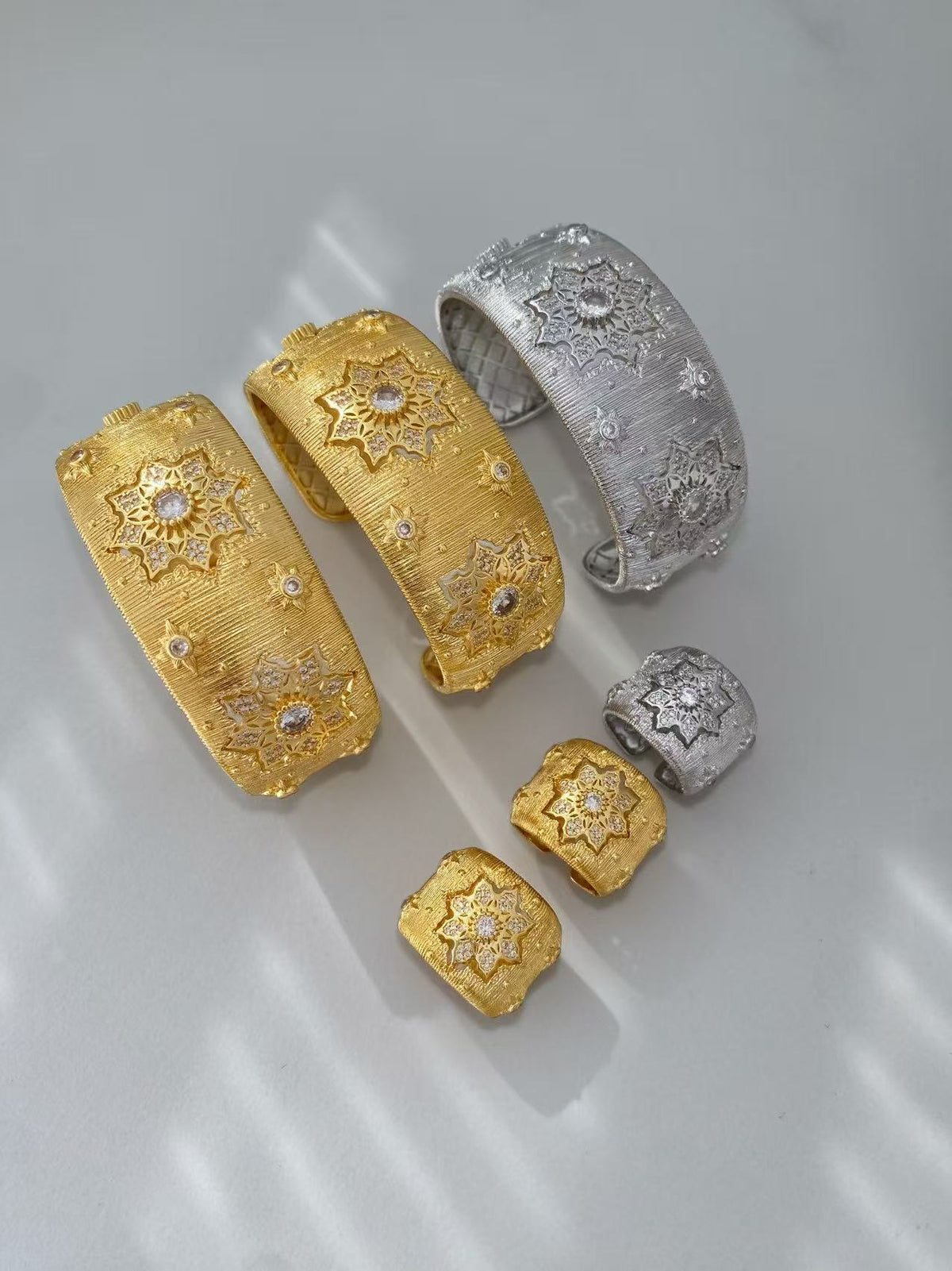 Vintage Italian Hand Brush Cubic Zirco Open Adjustable Bangle Rings, Real Gold Plated Stackable Finger Ring Jewelry Gifts