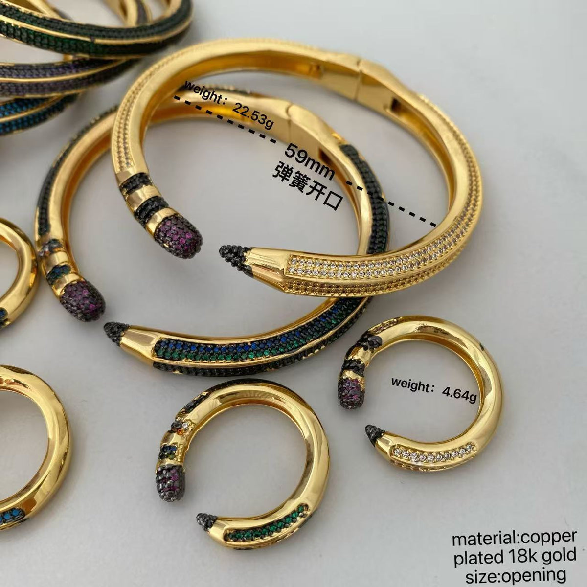 Colorful Zircon Pencil Eraser Opening Size Bangle Rings, Adjustable Size Bangle Creative Spliced Pencil Rings, Jewelry DIY Gifts for Women