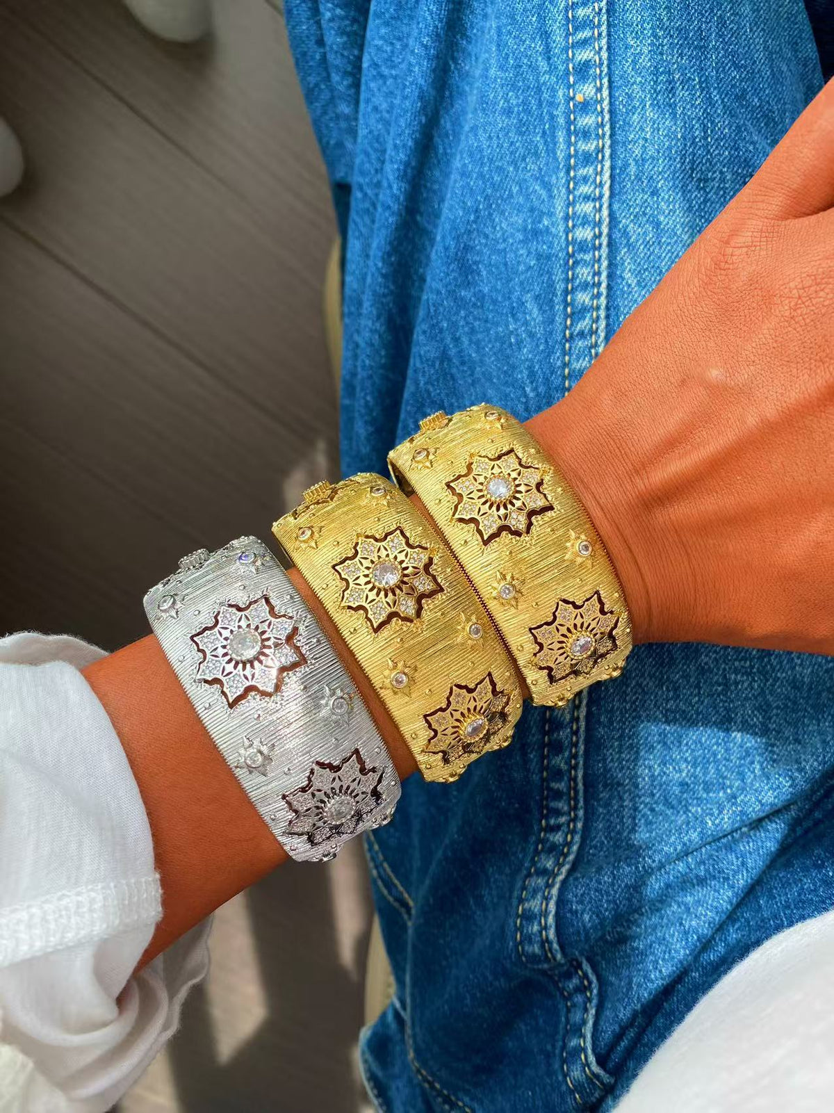 Vintage Italian Hand Brush Cubic Zirco Open Adjustable Bangle Rings, Real Gold Plated Stackable Finger Ring Jewelry Gifts