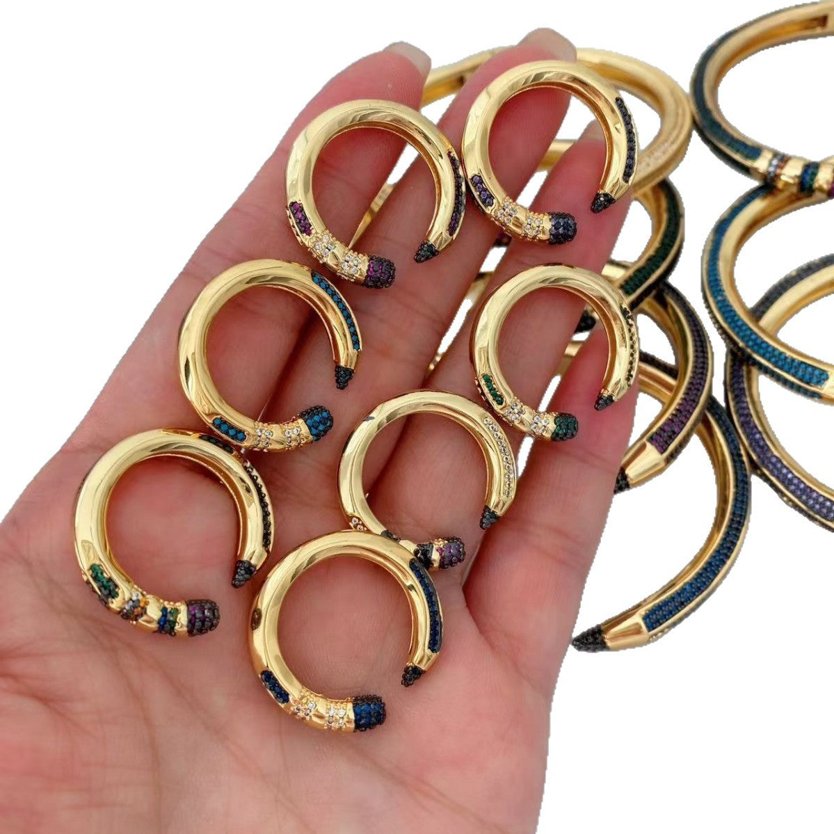 Colorful Zircon Pencil Eraser Opening Size Bangle Rings, Adjustable Size Bangle Creative Spliced Pencil Rings, Jewelry DIY Gifts for Women