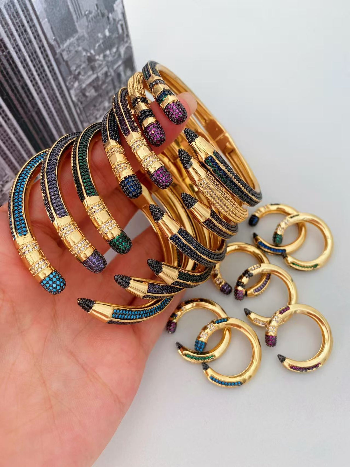 Colorful Zircon Pencil Eraser Opening Size Bangle Rings, Adjustable Size Bangle Creative Spliced Pencil Rings, Jewelry DIY Gifts for Women