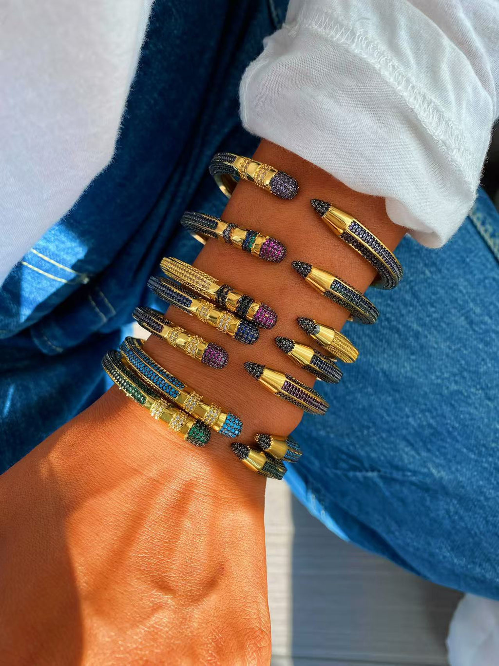 Colorful Zircon Pencil Eraser Opening Size Bangle Rings, Adjustable Size Bangle Creative Spliced Pencil Rings, Jewelry DIY Gifts for Women