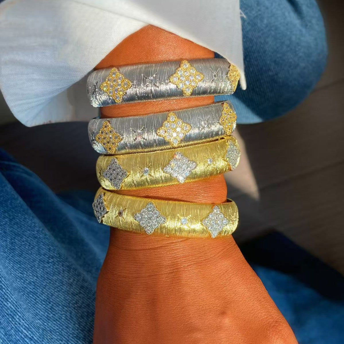 Vintage Italian Hand Brush Cubic Zirco Open Adjustable Bangle Rings, Real Gold Plated Stackable Finger Ring Jewelry Gifts