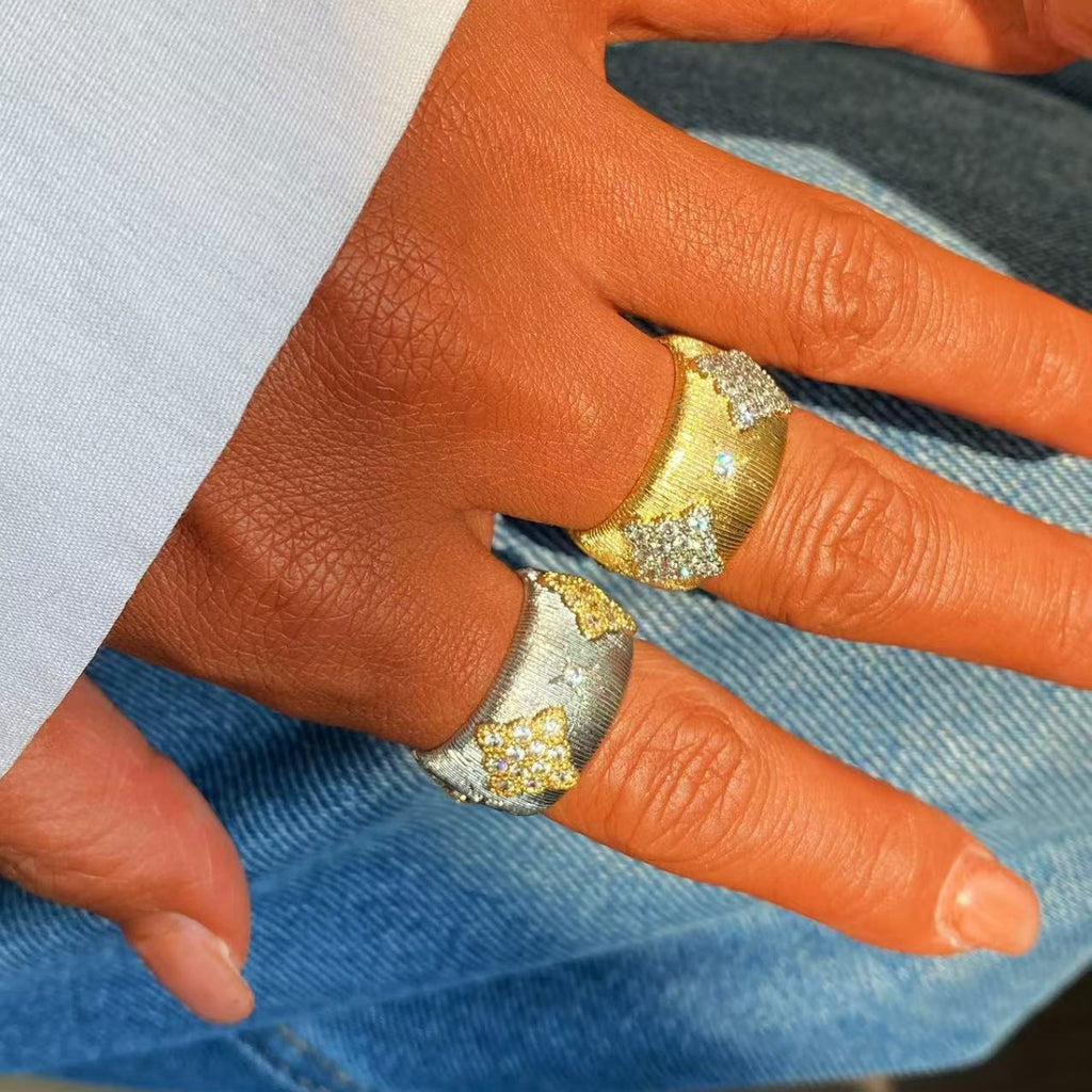 Vintage Italian Hand Brush Cubic Zirco Open Adjustable Bangle Rings, Real Gold Plated Stackable Finger Ring Jewelry Gifts