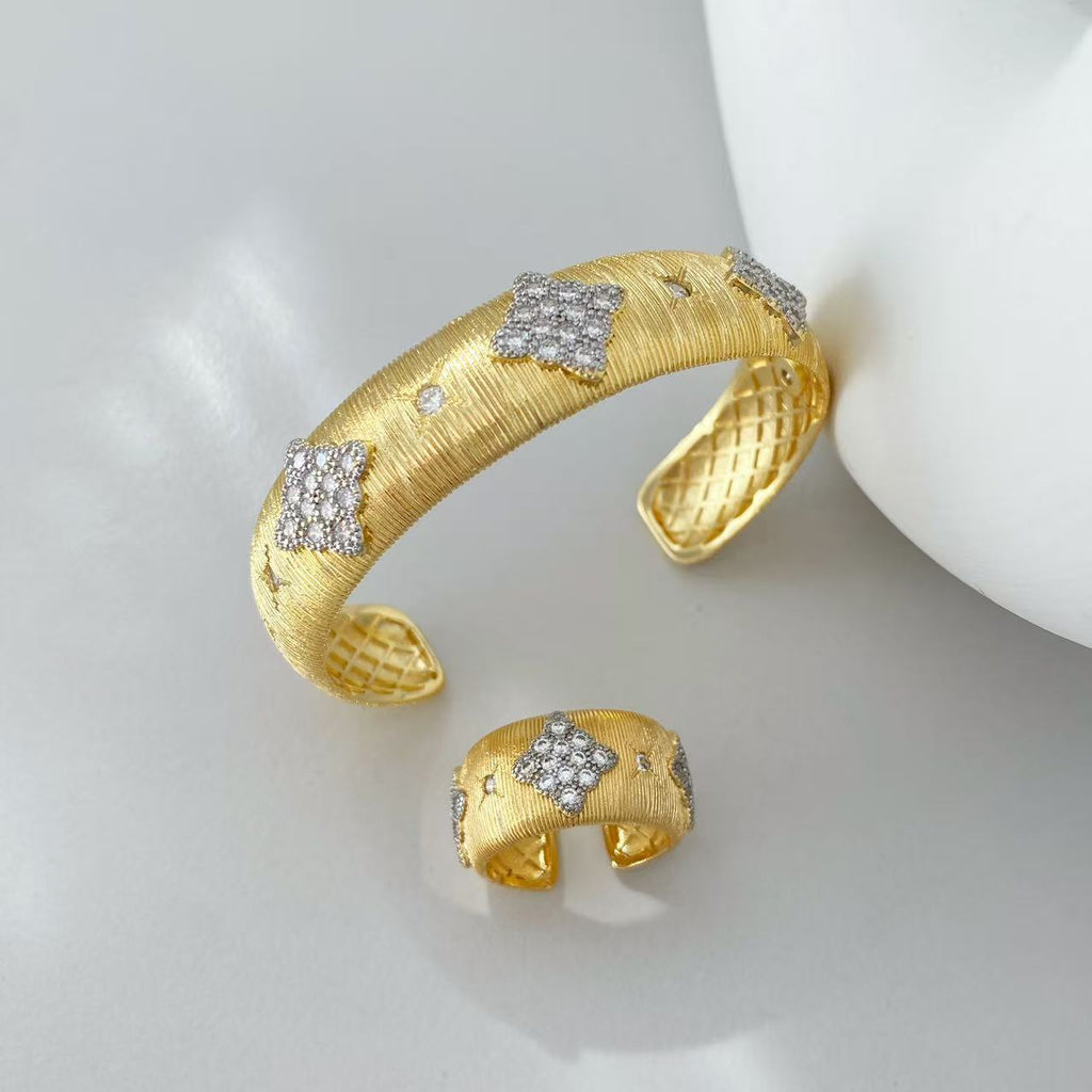 Vintage Italian Hand Brush Cubic Zirco Open Adjustable Bangle Rings, Real Gold Plated Stackable Finger Ring Jewelry Gifts