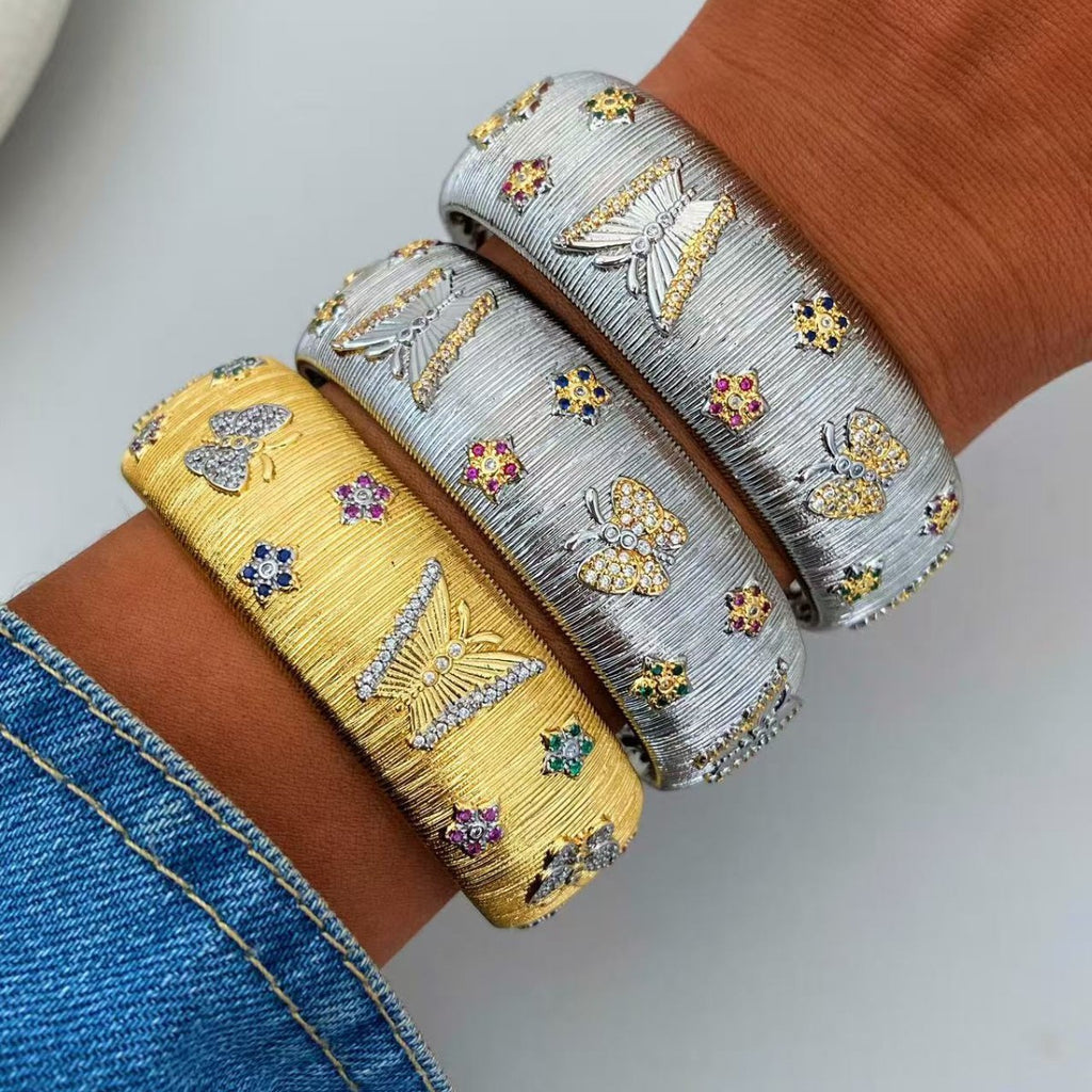 Vintage Italian Hand Brush Cubic Zirco Open Adjustable Bangle Rings, Real Gold Plated Stackable Finger Ring Jewelry Gifts