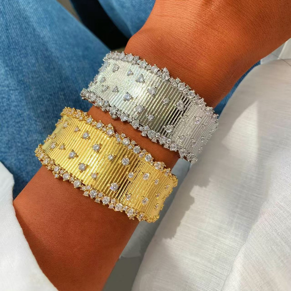 Vintage Italian Hand Brush Cubic Zirco Open Adjustable Bangle Rings, Real Gold Plated Stackable Finger Ring Jewelry Gifts