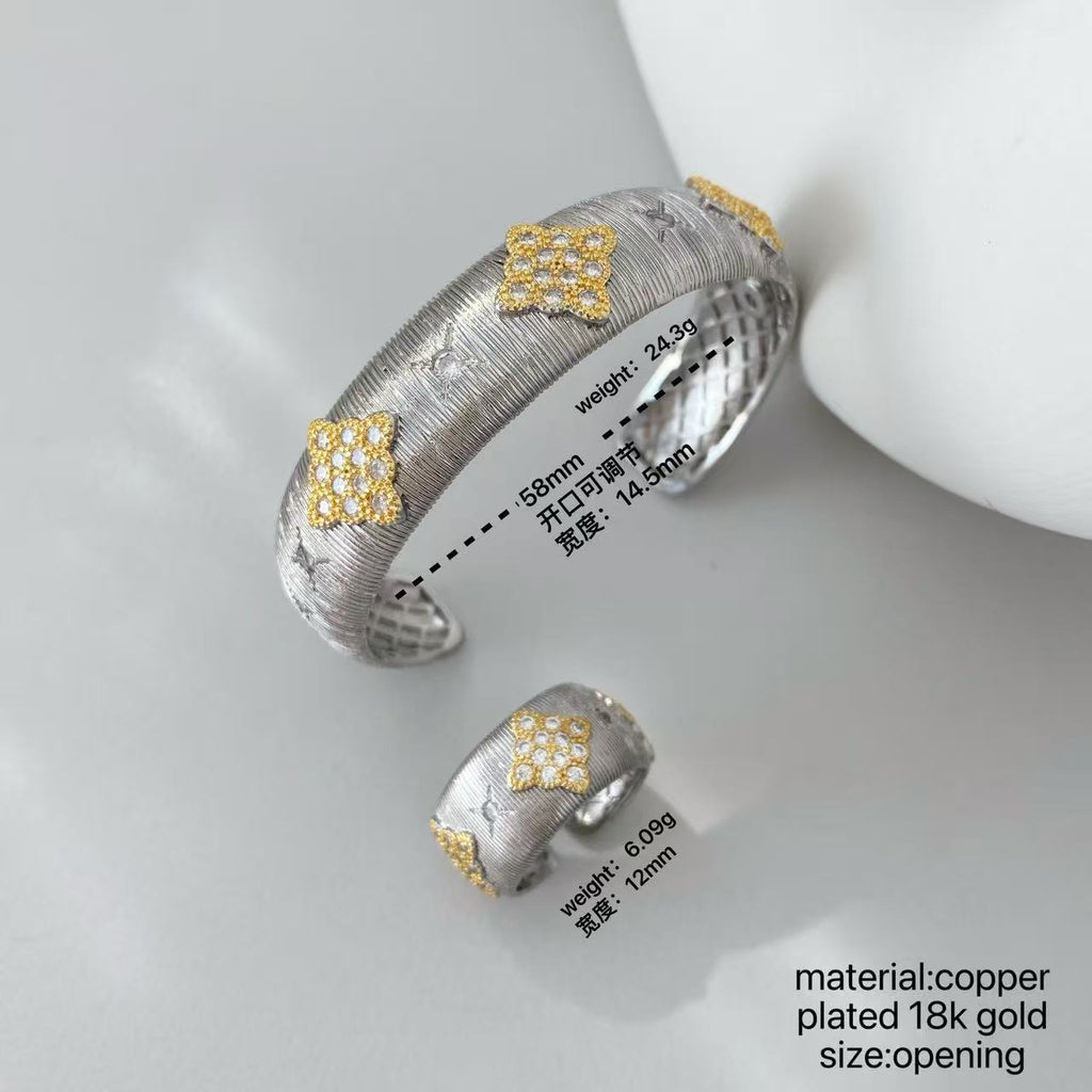 Vintage Italian Hand Brush Cubic Zirco Open Adjustable Bangle Rings, Real Gold Plated Stackable Finger Ring Jewelry Gifts