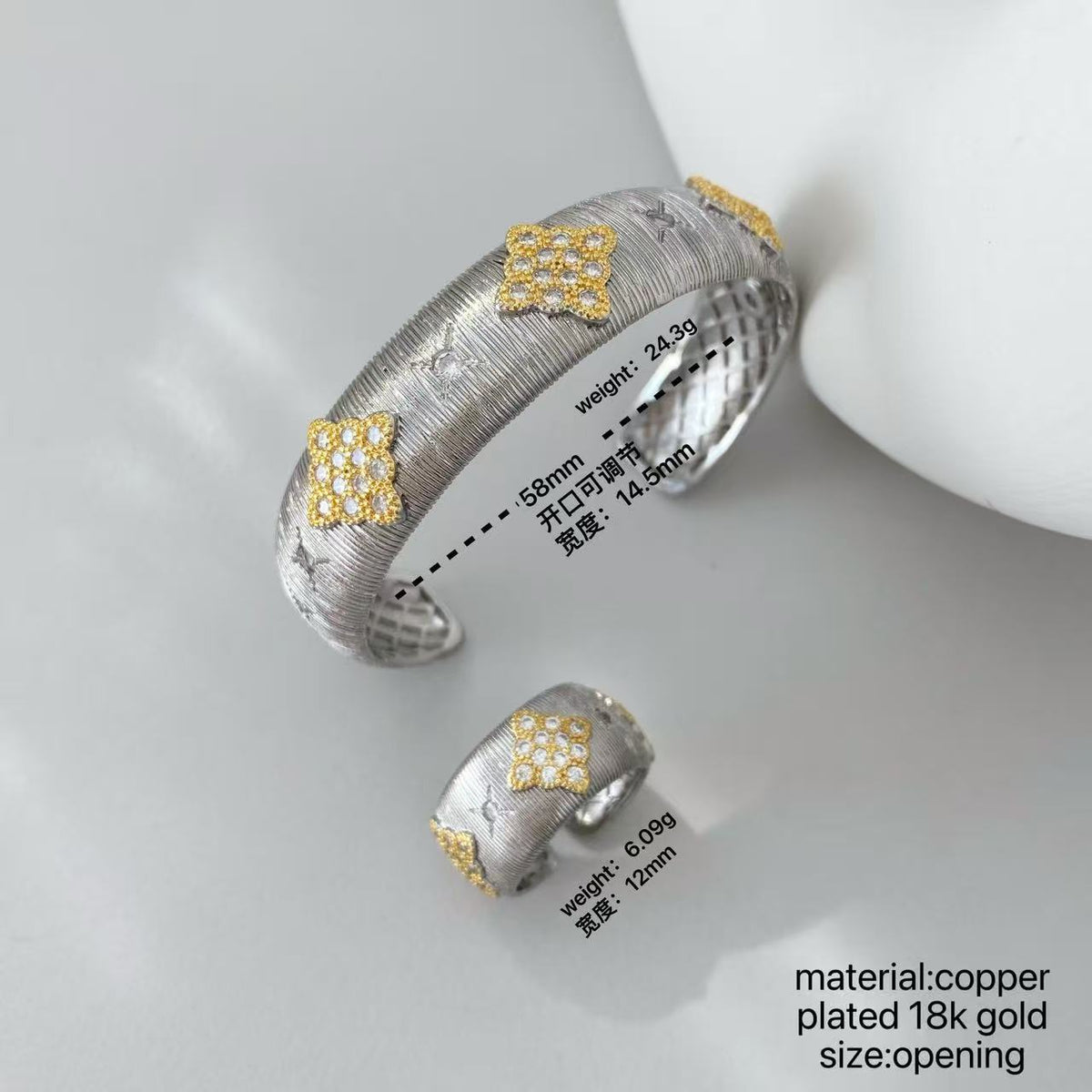 Vintage Italian Hand Brush Cubic Zirco Open Adjustable Bangle Rings, Real Gold Plated Stackable Finger Ring Jewelry Gifts