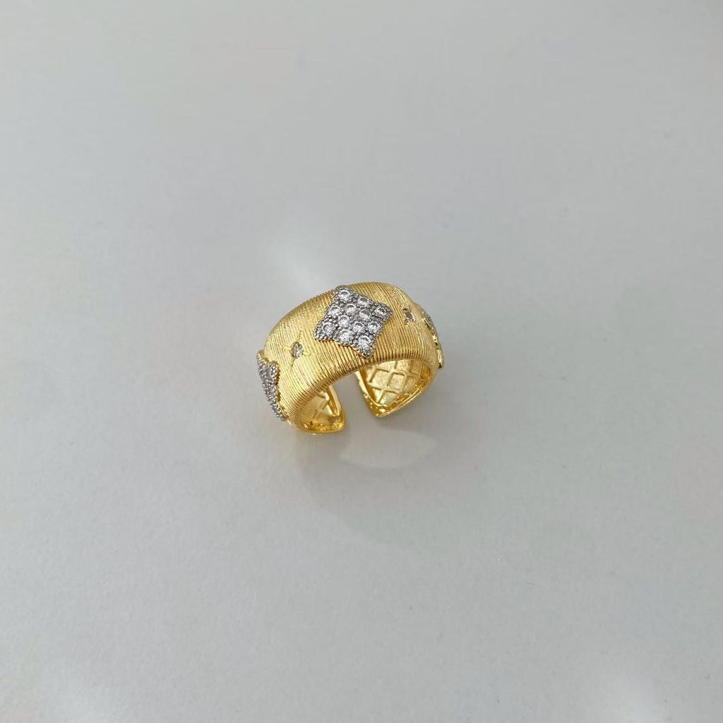 Vintage Italian Hand Brush Cubic Zirco Open Adjustable Bangle Rings, Real Gold Plated Stackable Finger Ring Jewelry Gifts