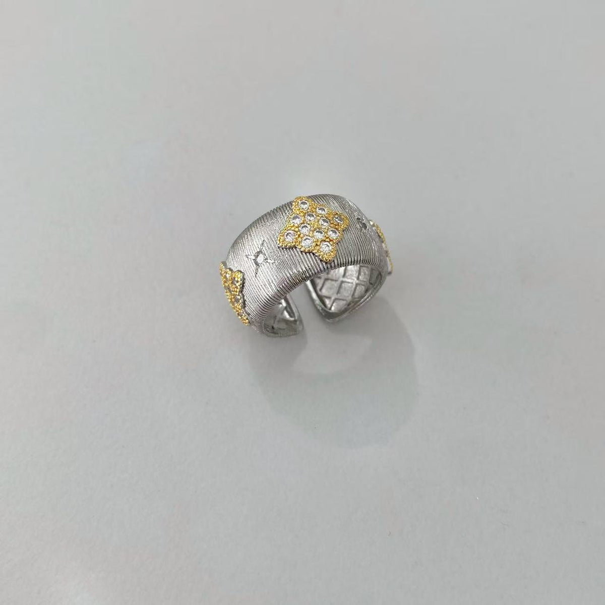 Vintage Italian Hand Brush Cubic Zirco Open Adjustable Bangle Rings, Real Gold Plated Stackable Finger Ring Jewelry Gifts