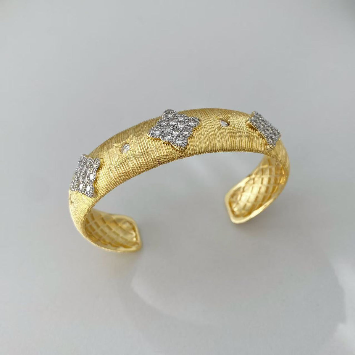 Vintage Italian Hand Brush Cubic Zirco Open Adjustable Bangle Rings, Real Gold Plated Stackable Finger Ring Jewelry Gifts