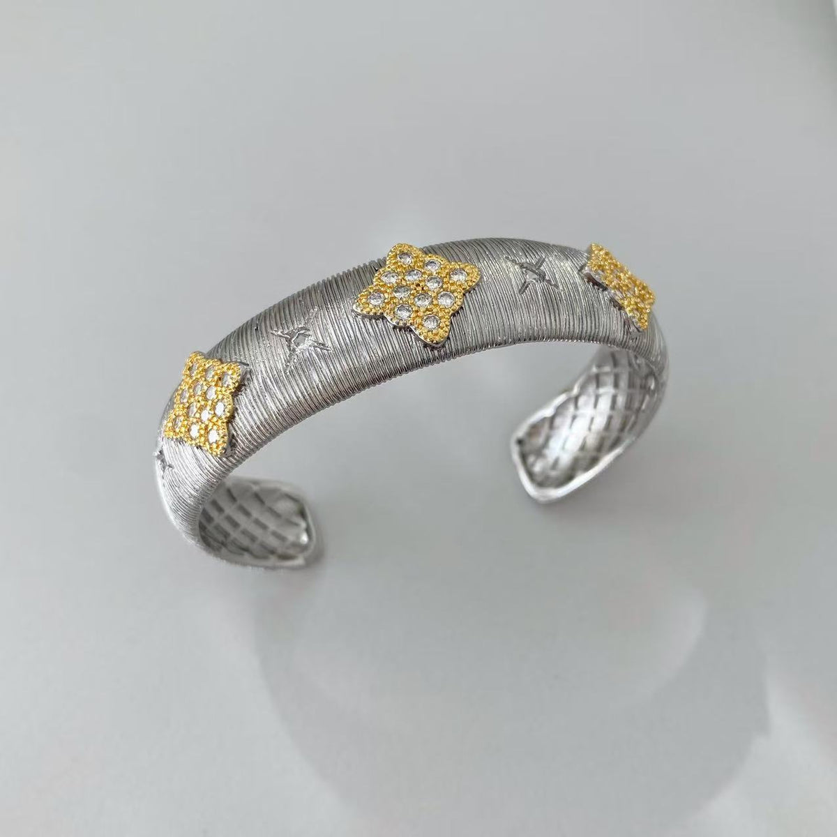 Vintage Italian Hand Brush Cubic Zirco Open Adjustable Bangle Rings, Real Gold Plated Stackable Finger Ring Jewelry Gifts