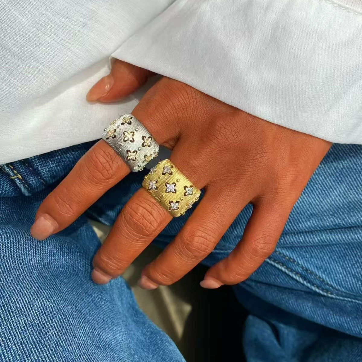 Vintage Italian Hand Brush Cubic Zirco Open Adjustable Bangle Rings, Real Gold Plated Stackable Finger Ring Jewelry Gifts