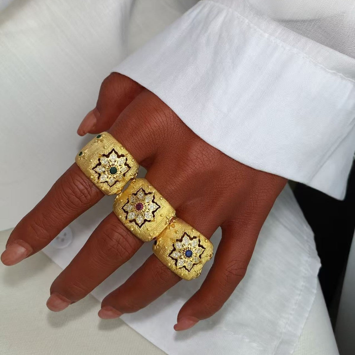 Vintage Italian Hand Brush Cubic Zirco Open Adjustable Bangle Rings, Real Gold Plated Stackable Finger Ring Jewelry Gifts