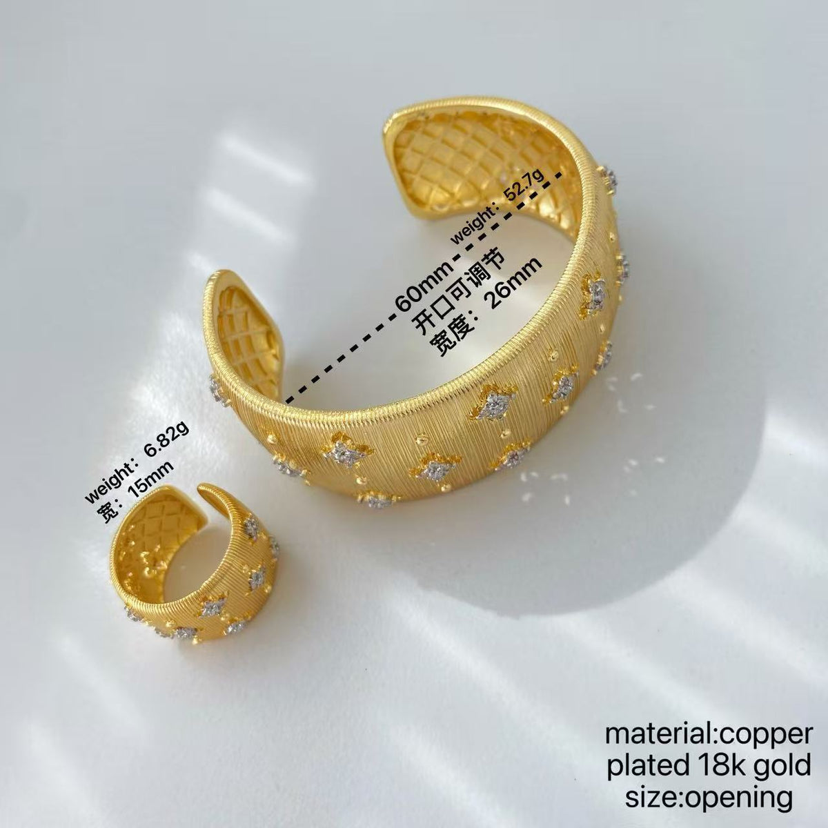 Vintage Italian Hand Brush Cubic Zirco Open Adjustable Bangle Rings, Real Gold Plated Stackable Finger Ring Jewelry Gifts