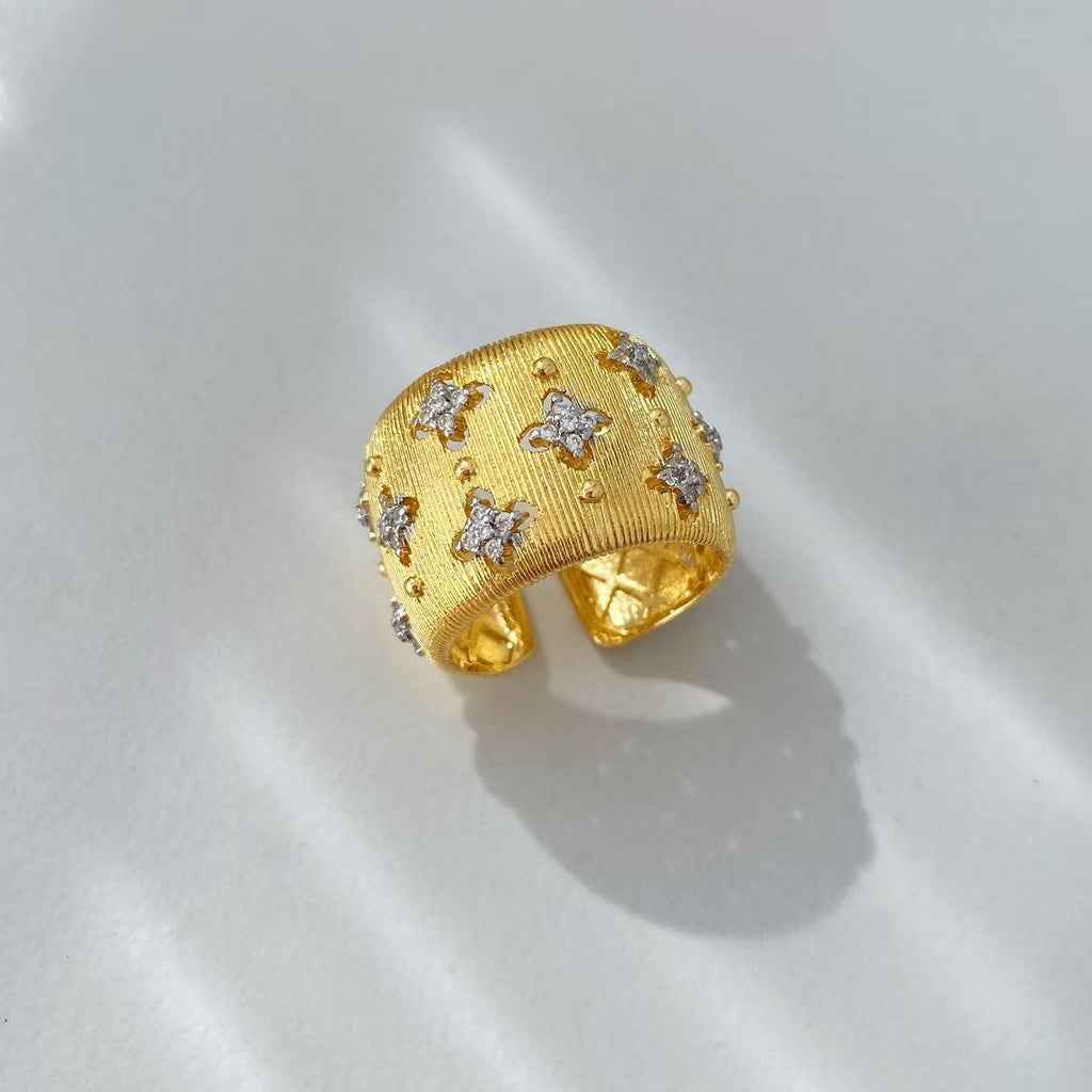Vintage Italian Hand Brush Cubic Zirco Open Adjustable Bangle Rings, Real Gold Plated Stackable Finger Ring Jewelry Gifts