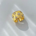 Vintage Italian Hand Brush Cubic Zirco Open Adjustable Bangle Rings, Real Gold Plated Stackable Finger Ring Jewelry Gifts