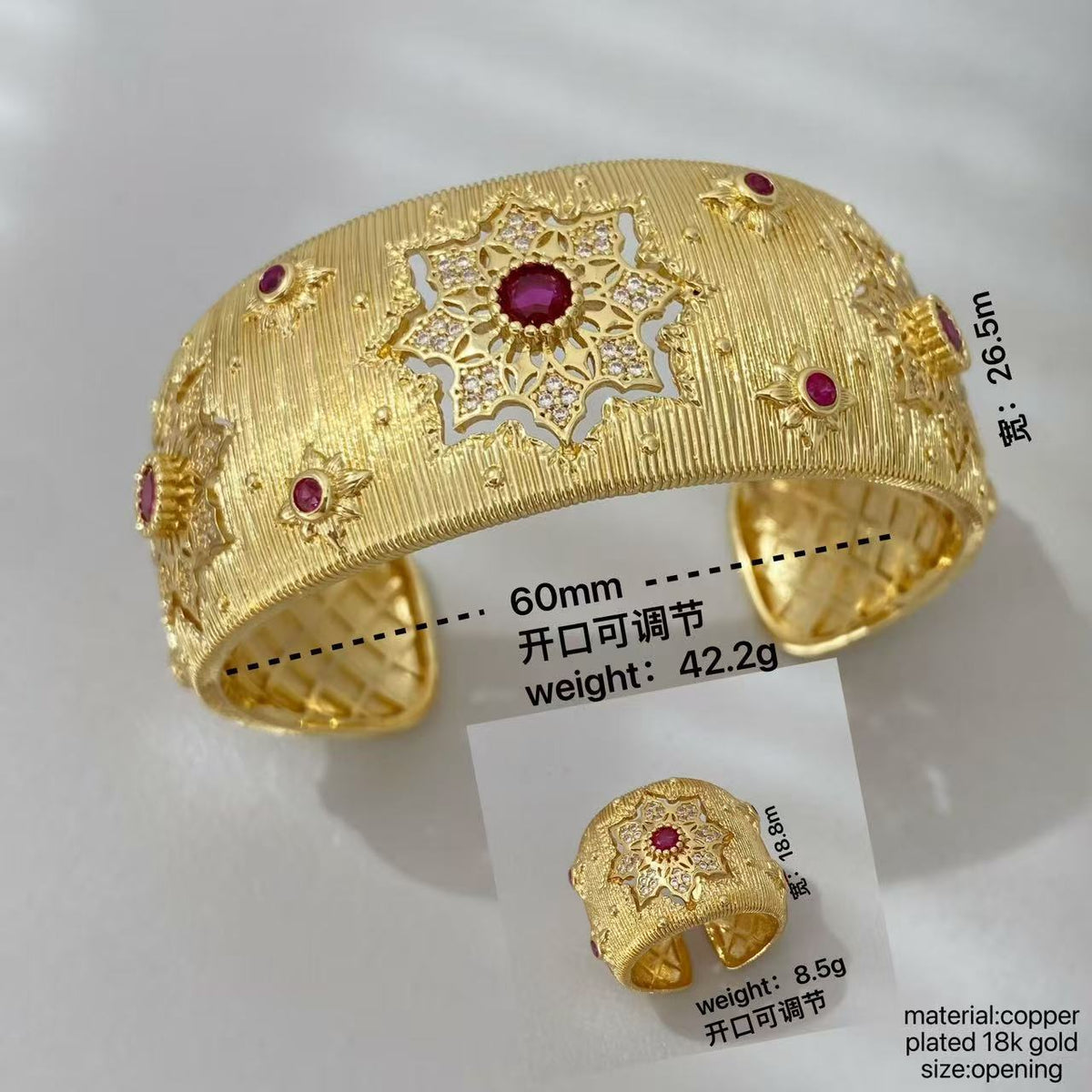 Vintage Italian Hand Brush Cubic Zirco Open Adjustable Bangle Rings, Real Gold Plated Stackable Finger Ring Jewelry Gifts
