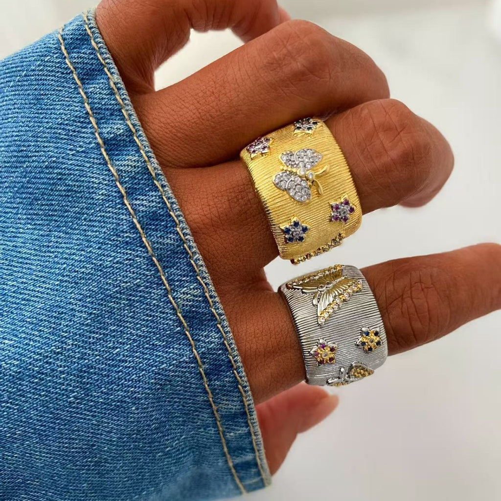 Vintage Italian Hand Brush Cubic Zirco Open Adjustable Bangle Rings, Real Gold Plated Stackable Finger Ring Jewelry Gifts