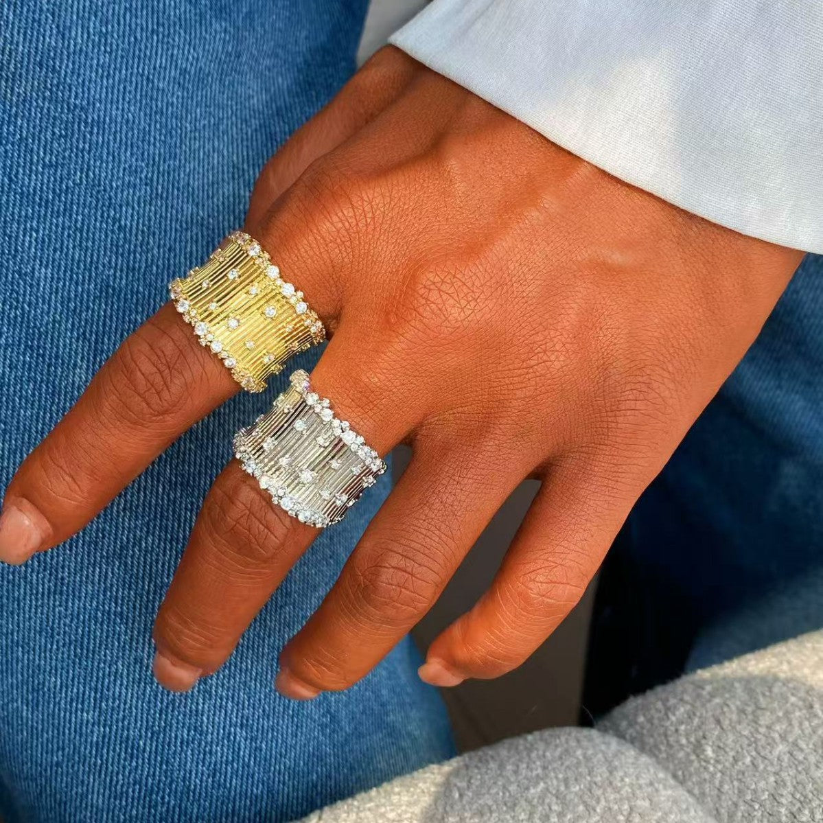 Vintage Italian Hand Brush Cubic Zirco Open Adjustable Bangle Rings, Real Gold Plated Stackable Finger Ring Jewelry Gifts