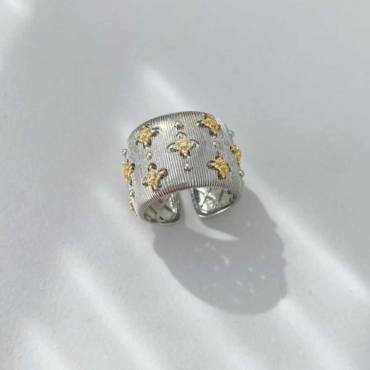 Vintage Italian Hand Brush Cubic Zirco Open Adjustable Bangle Rings, Real Gold Plated Stackable Finger Ring Jewelry Gifts