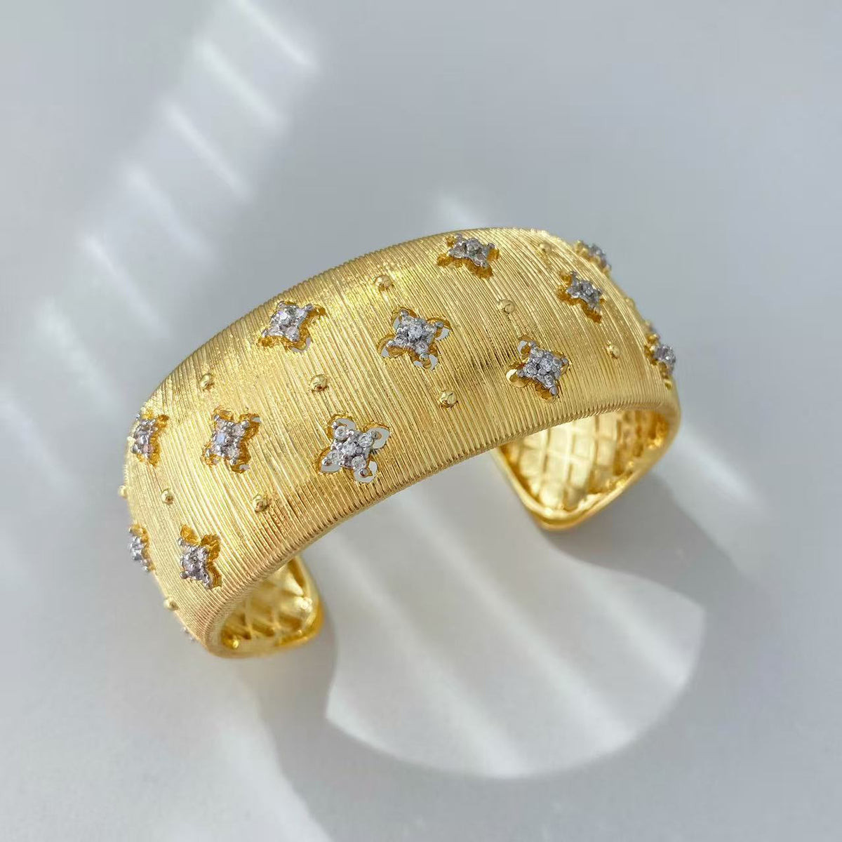 Vintage Italian Hand Brush Cubic Zirco Open Adjustable Bangle Rings, Real Gold Plated Stackable Finger Ring Jewelry Gifts