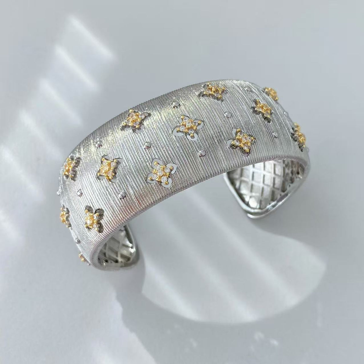 Vintage Italian Hand Brush Cubic Zirco Open Adjustable Bangle Rings, Real Gold Plated Stackable Finger Ring Jewelry Gifts