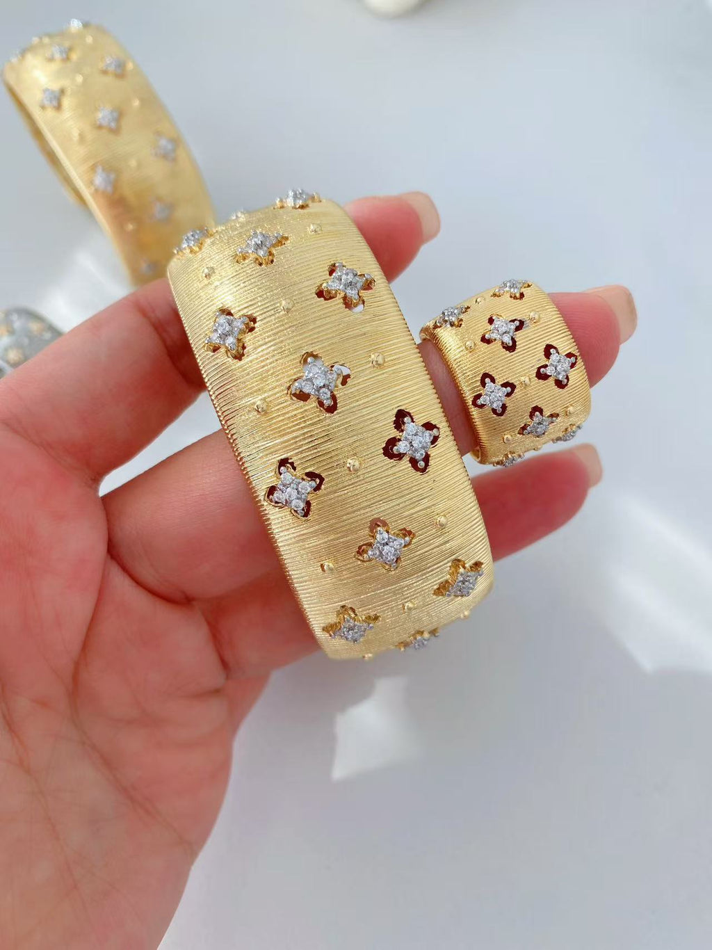 Vintage Italian Hand Brush Cubic Zirco Open Adjustable Bangle Rings, Real Gold Plated Stackable Finger Ring Jewelry Gifts