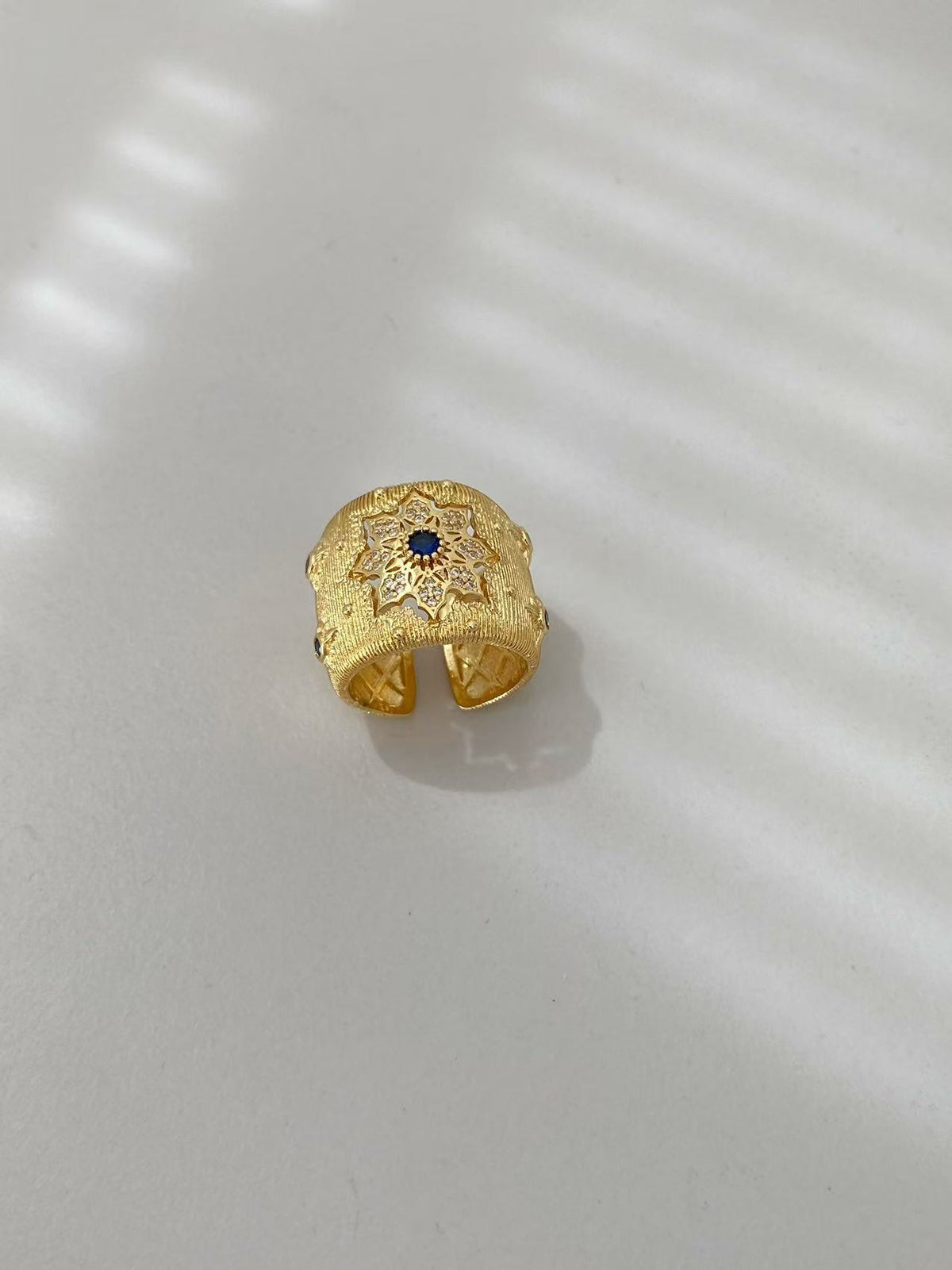 Vintage Italian Hand Brush Cubic Zirco Open Adjustable Bangle Rings, Real Gold Plated Stackable Finger Ring Jewelry Gifts