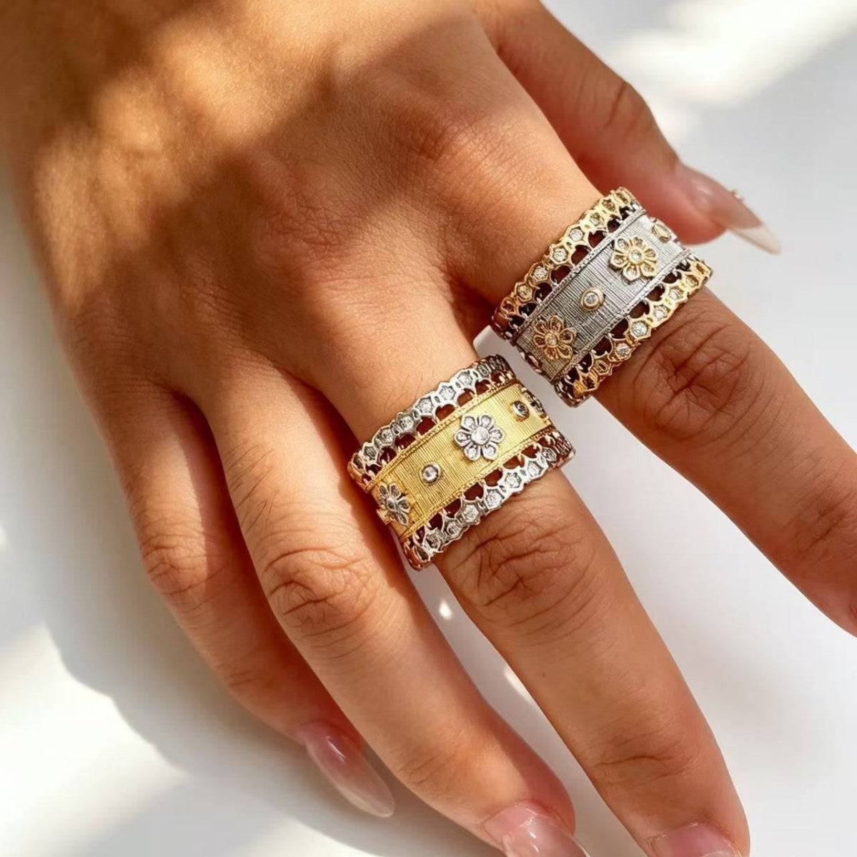 Vintage Italian Hand Brush Cubic Zirco Open Adjustable Bangle Rings, Real Gold Plated Stackable Finger Ring Jewelry Gifts 1PC