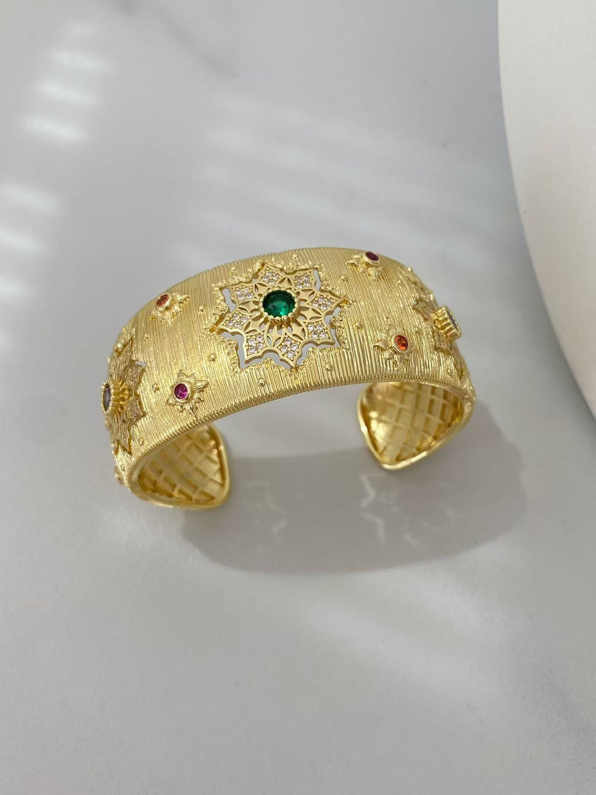 Vintage Italian Hand Brush Cubic Zirco Open Adjustable Bangle Rings, Real Gold Plated Stackable Finger Ring Jewelry Gifts