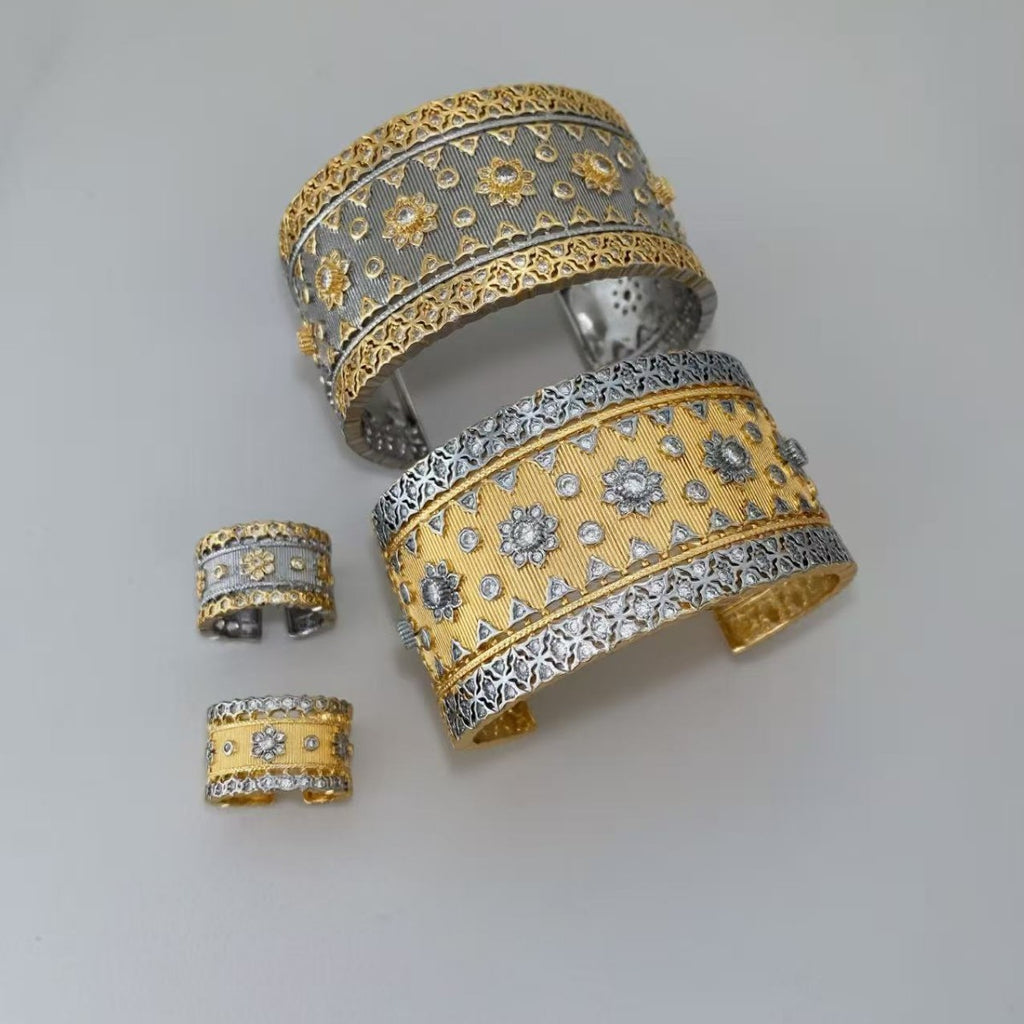 Vintage Italian Hand Brush Cubic Zirco Open Adjustable Bangle Rings, Real Gold Plated Stackable Finger Ring Jewelry Gifts 1PC