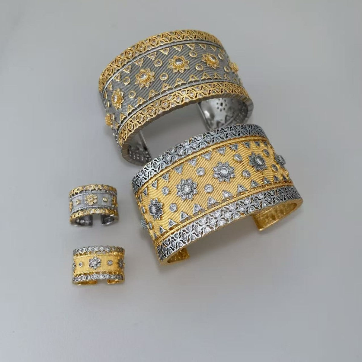 Vintage Italian Hand Brush Cubic Zirco Open Adjustable Bangle Rings, Real Gold Plated Stackable Finger Ring Jewelry Gifts 1PC