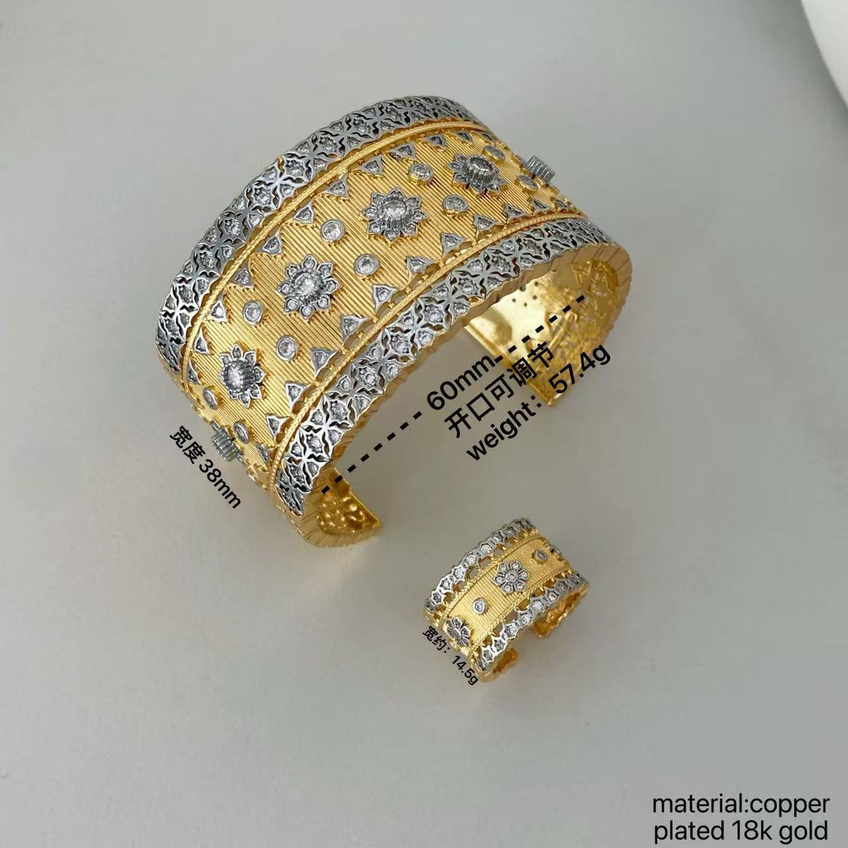 Vintage Italian Hand Brush Cubic Zirco Open Adjustable Bangle Rings, Real Gold Plated Stackable Finger Ring Jewelry Gifts 1PC