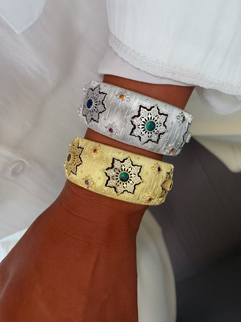 Vintage Italian Hand Brush Cubic Zirco Open Adjustable Bangle Rings, Real Gold Plated Stackable Finger Ring Jewelry Gifts