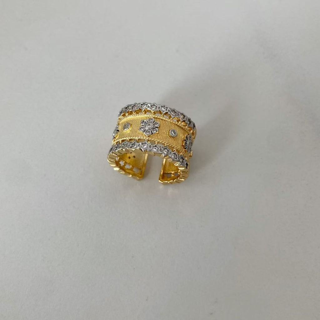 Vintage Italian Hand Brush Cubic Zirco Open Adjustable Bangle Rings, Real Gold Plated Stackable Finger Ring Jewelry Gifts 1PC