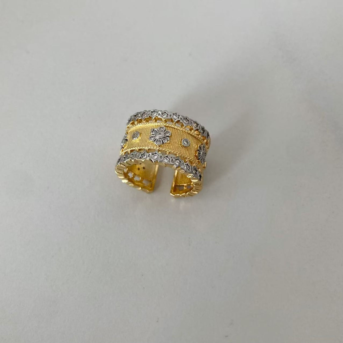 Vintage Italian Hand Brush Cubic Zirco Open Adjustable Bangle Rings, Real Gold Plated Stackable Finger Ring Jewelry Gifts 1PC