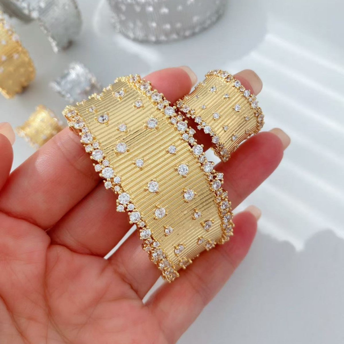 Vintage Italian Hand Brush Cubic Zirco Open Adjustable Bangle Rings, Real Gold Plated Stackable Finger Ring Jewelry Gifts
