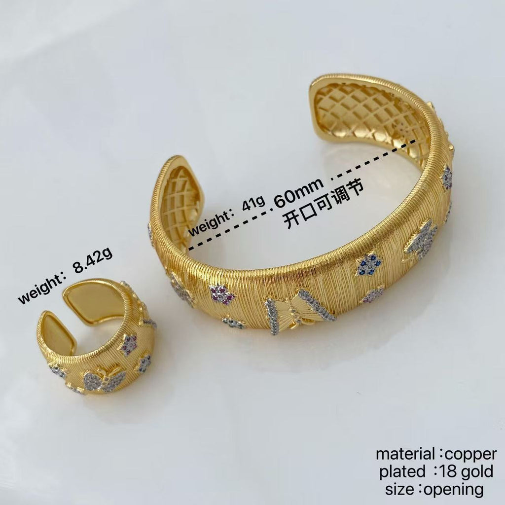 Vintage Italian Hand Brush Cubic Zirco Open Adjustable Bangle Rings, Real Gold Plated Stackable Finger Ring Jewelry Gifts