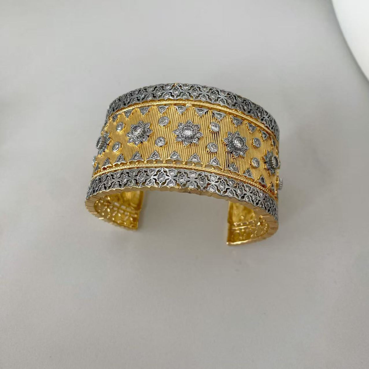 Vintage Italian Hand Brush Cubic Zirco Open Adjustable Bangle Rings, Real Gold Plated Stackable Finger Ring Jewelry Gifts 1PC