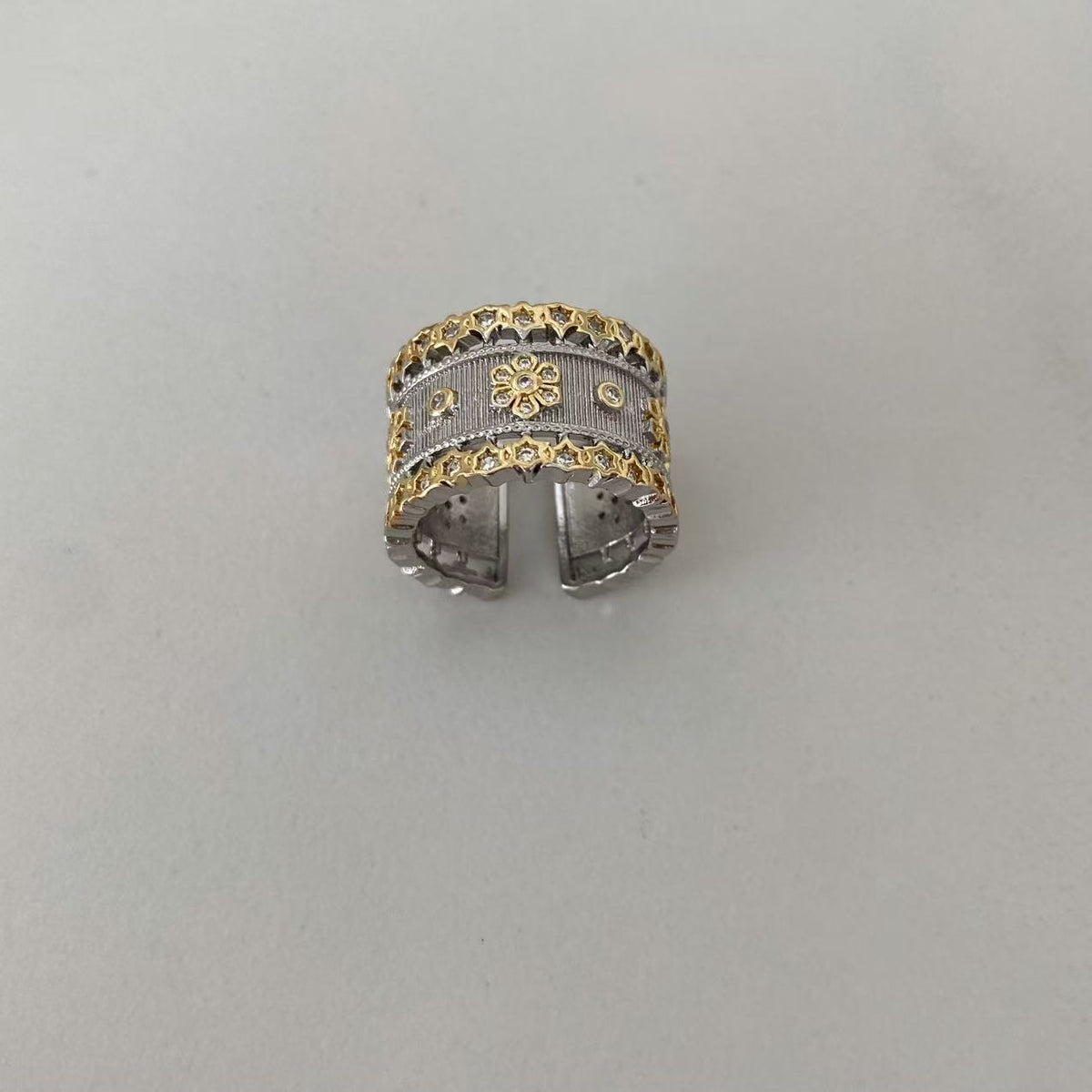 Vintage Italian Hand Brush Cubic Zirco Open Adjustable Bangle Rings, Real Gold Plated Stackable Finger Ring Jewelry Gifts 1PC