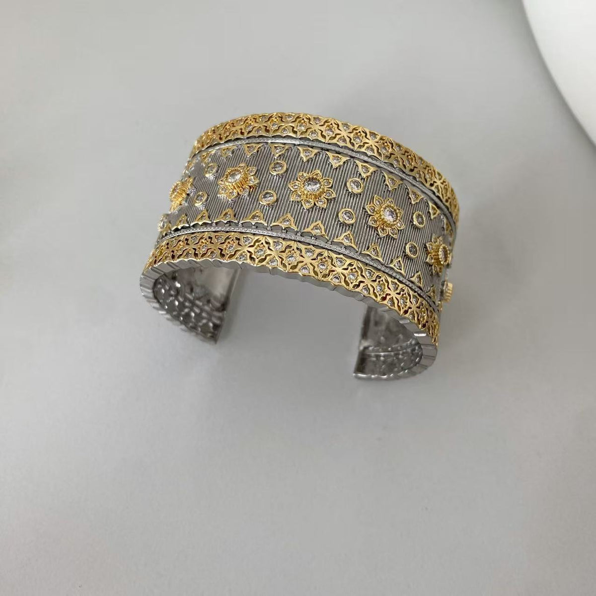 Vintage Italian Hand Brush Cubic Zirco Open Adjustable Bangle Rings, Real Gold Plated Stackable Finger Ring Jewelry Gifts 1PC