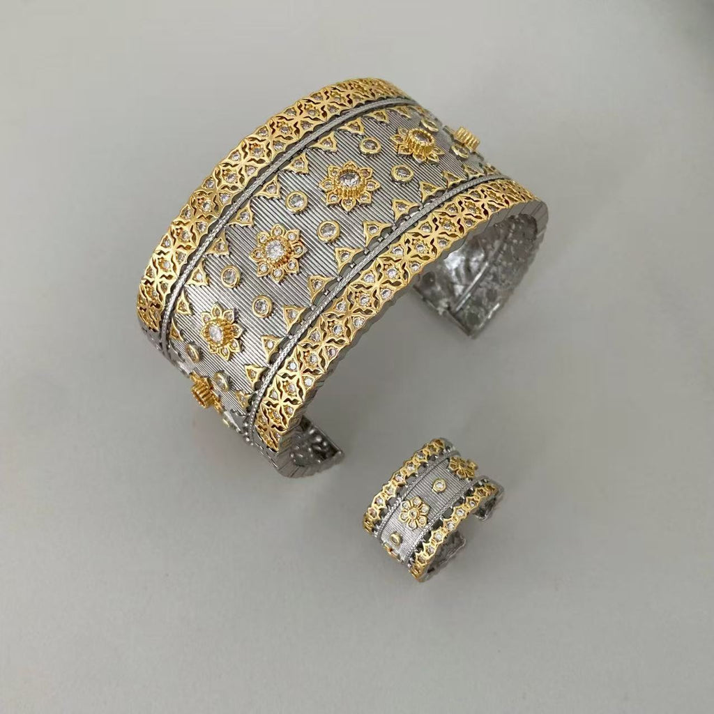 Vintage Italian Hand Brush Cubic Zirco Open Adjustable Bangle Rings, Real Gold Plated Stackable Finger Ring Jewelry Gifts 1PC